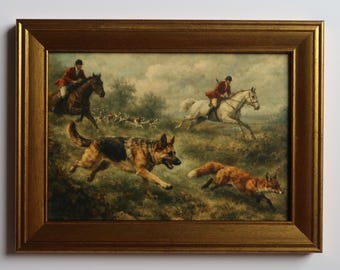 Lámina artística de caza del zorro de inspiración vintage, 5x7 pulgadas: Escena ecuestre de caballo y perro pastor alemán.