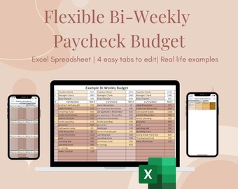 May include: A screenshot of a computer screen showing an Excel spreadsheet with the title "Example Bi-Weekly Budget". The spreadsheet is divided into columns with headings such as "Teacher Check", "Manager Check", and "Ebay Deposit". The spreadsheet contains a list of expenses and income for a two-week period.