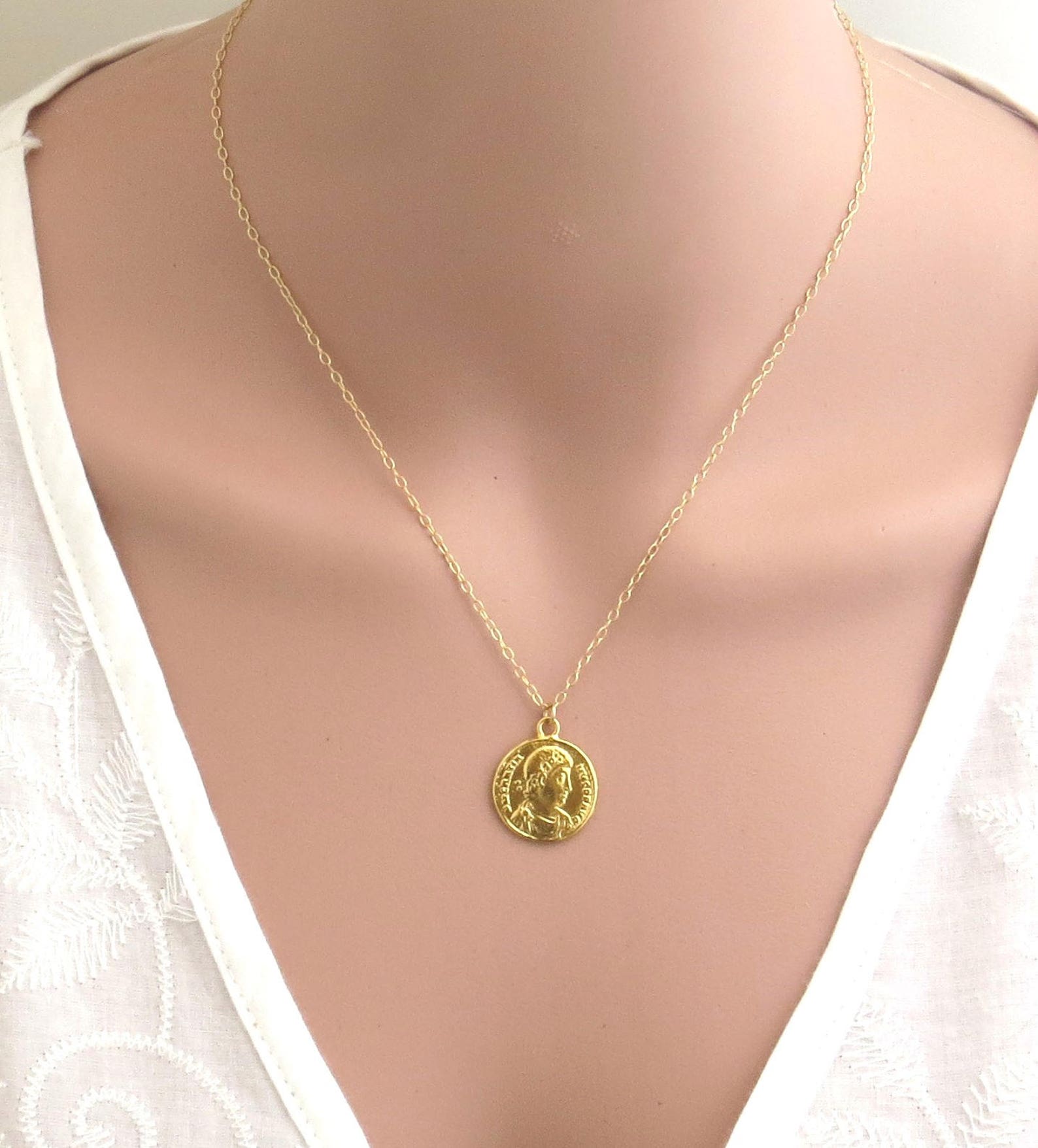 24k deep gold plated Coin pendant gold coin necklace dainty | Etsy