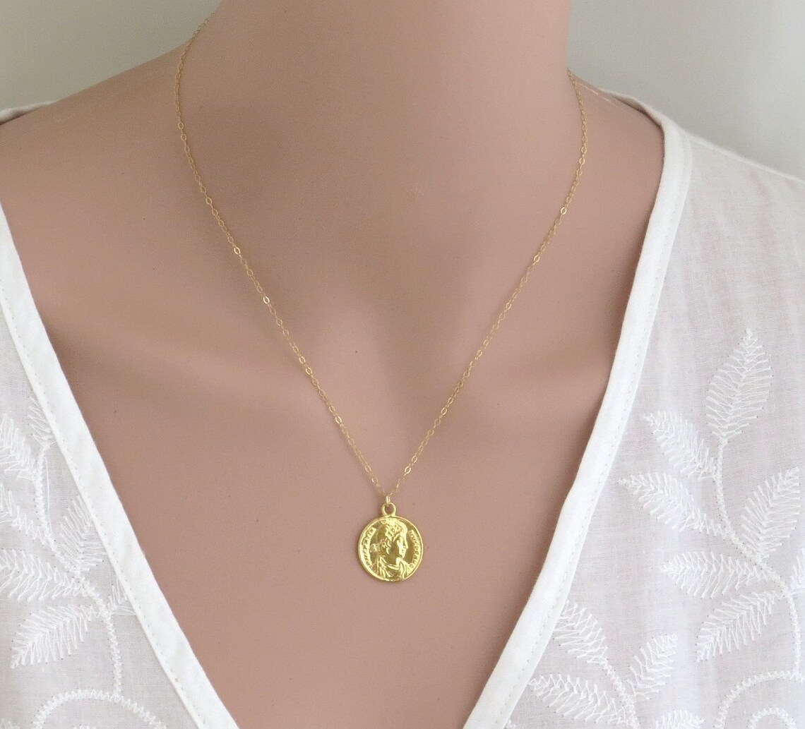 24k deep gold plated Coin pendant gold coin necklace dainty | Etsy