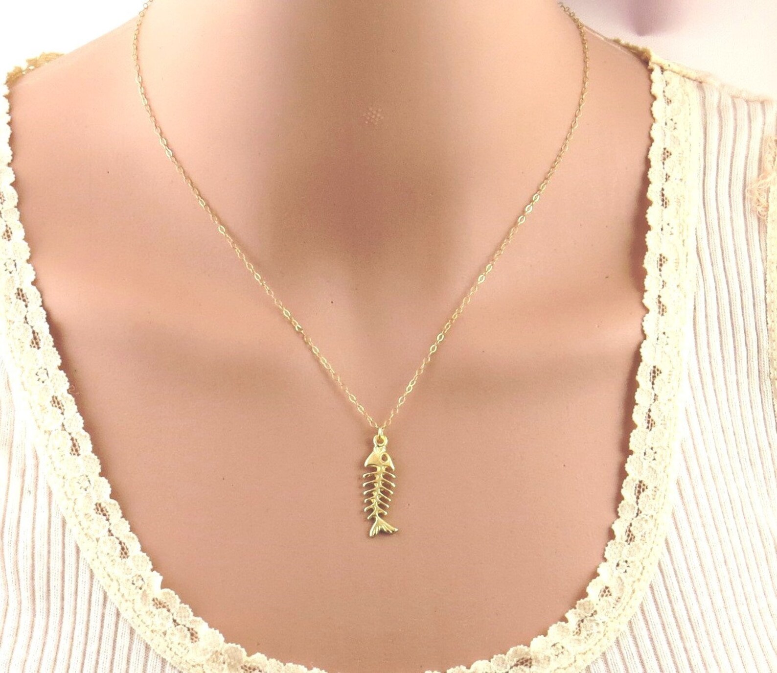 Silver fish bone necklace fishbone pendant gold fish bone Etsy