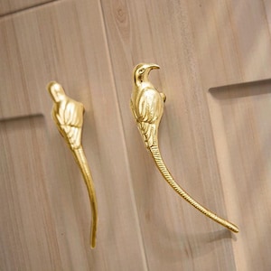Könnte beinhalten: Zwei goldfarbene vogelförmige Schrankgriffe. Die Griffe sind an einer hellen Holzschranktür angebracht. Die Vogelgriffe haben detaillierte Feder- und Schnabeldesigns mit einem langen, gebogenen Schwanz.