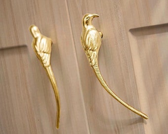 Long Tail Bird Solid Brass Cabinet Knob Handle Drawer Pull Knob Dresser Pull Gold Cupboard Pull Modern Design Wardrobe Pull (BS-C-029)