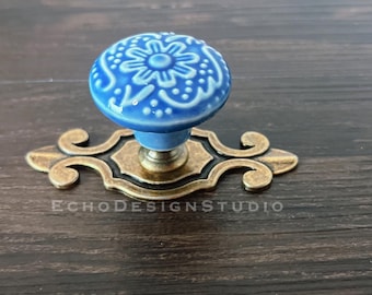 Ceramic Flower Cabinet Knob: Blue Floral Dresser Pull (BS-C-1191)