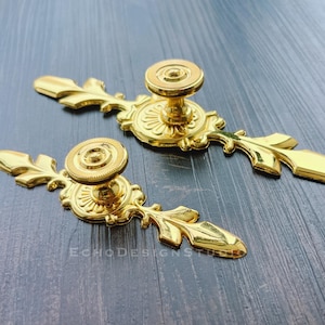 May include: Two ornate gold cabinet pulls with a floral design. Each pull features a round knob and a decorative backplate with a leaf-like shape. The pulls are set against a dark wood-grain surface.