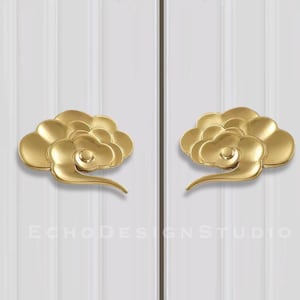 Può includere: Due maniglie per porte a forma di nuvola dorate con un design a spirale. Le maniglie sono montate su una porta bianca.