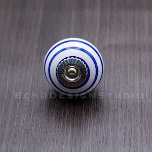 Keramische kastknop: blauw-wit gestreepte ladekastknop (BS-C-1093)