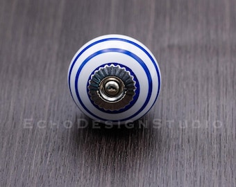 Ceramic Cabinet Knob: Blue & White Striped Dresser Pull (BS-C-1093)