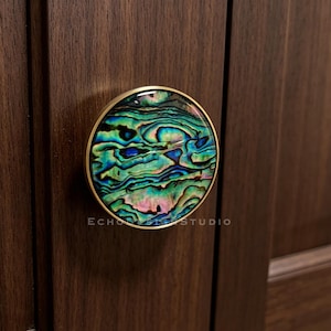 May include: A circular cabinet knob featuring a polished gold-tone metal rim and an iridescent abalone shell inlay with swirling patterns of green, blue, and pink. The text ECHODESIGN STUDIO is printed in small white letters on the shell surface.