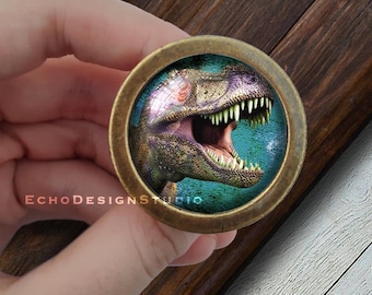 Dinosaur Picture Glass Dome Knob: Gold Dresser Drawer Pull