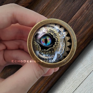 May include: A brass circular pendant with a glass dome featuring a colorful eye surrounded by intricate gears and floral designs.