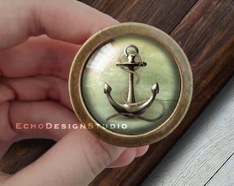 Anchor Glass Dome Knob: Gold Nautical Dresser Pull