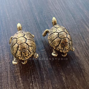 Könnte beinhalten: Zwei bronzefarbene Schildkrötenfiguren mit detaillierten Panzerstrukturen. Die Schildkröten sind auf einer dunklen Holzoberfläche platziert. Die Figuren haben ihre Köpfe und Beine ausgestreckt, was ihnen ein lebensechtes Aussehen verleiht. Das Bild ist gut beleuchtet und hebt die Textur und Farbe des Metalls hervor.