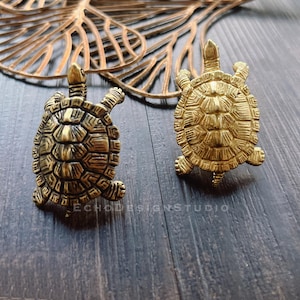 Könnte beinhalten: Zwei antike Messing-Schrankknöpfe in Schildkrötenform. Die Knöpfe haben detaillierte Schalenmuster und sind auf einer dunklen Holzoberfläche platziert. Ein dekoratives Messingblatt befindet sich im Hintergrund. Die Knöpfe sind wahrscheinlich für Möbel oder Dekorationszwecke bestimmt.