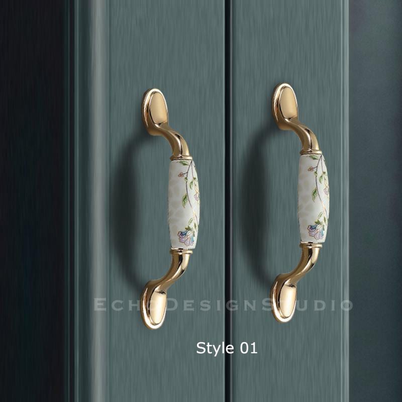 Gold Ceramic Cabinet Pull: Floral Inlay, Modern Dresser Knob (BS-C-711)