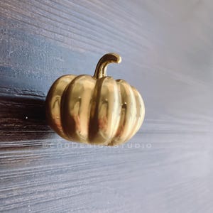 May include: A gold-toned pumpkin-shaped cabinet knob or drawer pull. The knob has a ribbed texture and a stem.