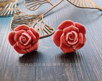Pomo de cerámica con forma de rosa para armario: Tirador de tocador con flor rosa (BS-C-947)