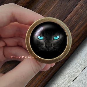May include: A black cat with bright blue eyes is featured on a round, brass-colored cabinet knob.