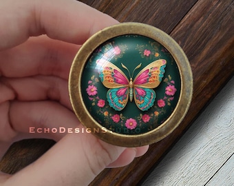 Butterfly Picture Dome Knob: Gold Dresser Drawer Pull