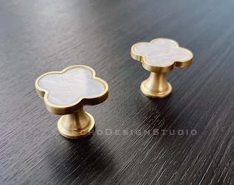 Solid Brass Clover Cabinet Knob: Modern Gold Dresser Pull (BS-C-002)