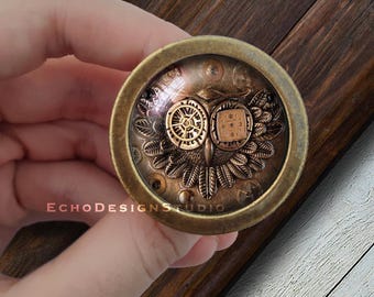 Owl Picture Knob: Dome Glass Gold Dresser Pull