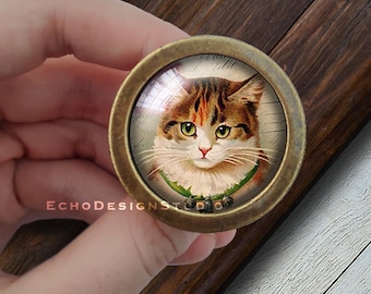 Cat Picture Glass Dome Knob: Gold Dresser Drawer Pull