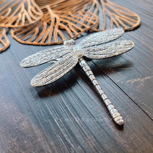 May include: A silver dragonfly ornament with a detailed textured design. The dragonfly is perched on a wooden surface.