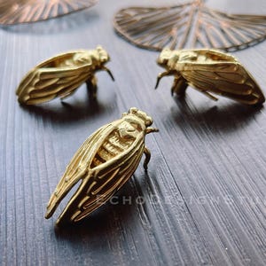 May include: Three gold cicada sculptures on a dark wood surface. The cicadas are detailed and realistic, with intricate wings and legs.
