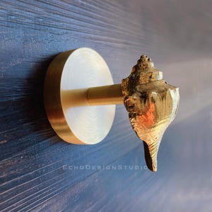 May include: A gold-toned seashell wall hook with a round base. The hook is made of metal and has a detailed seashell design.