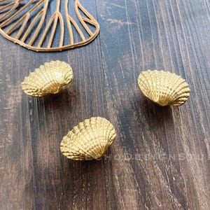 May include: Three gold-colored seashell-shaped cabinet knobs. The knobs are arranged in a triangular pattern on a dark wood surface.