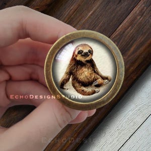 May include: A round, brass-coloured cabinet knob with a glass insert featuring a detailed illustration of a brown sloth sitting on a white background.