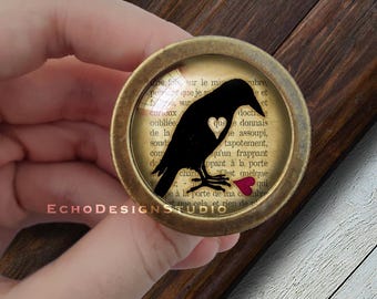 Crow Picture Cabochon Knob: Gold Dresser Drawer Pull