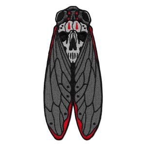 May include: Embroidered patch featuring a stylized cicada design. The insect has gray wings with black veins and red accents. The head features a skull design with red details. The patch is likely for clothing or accessories.