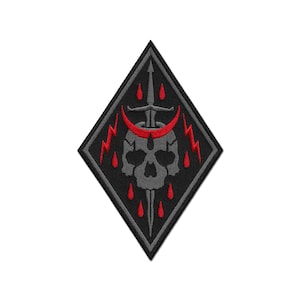 May include: A diamond-shaped embroidered patch featuring a grey skull centered behind a vertical sword. A red crescent moon sits above the skull, flanked by red lightning bolts. Red teardrop shapes are arranged around the sword and skull.