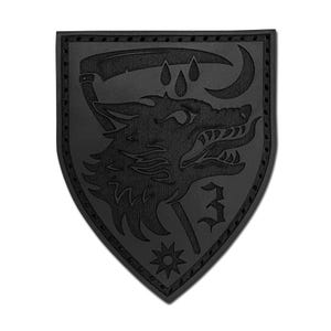 May include: A black shield-shaped patch featuring an embossed design of a wolf head, a scythe, three teardrop shapes, a crescent moon, the number 3, and a star-like symbol, all rendered in a monochromatic black finish.