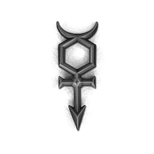 May include: A silver-colored metal symbol with a hexagonal shape and a crescent moon at the top. The symbol is on a white background.