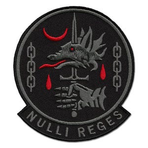 May include: Embroidered patch with a black background and a detailed design. The central image features a gray dragon with red accents, a sword, and a hand. The patch is bordered by a chain design and includes the text "NULLI REGES" in white.