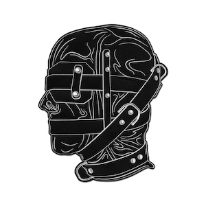 May include: Black and white illustration of a person's head with a leather mask and straps. The mask covers the eyes and mouth, and the straps are fastened around the head and neck.