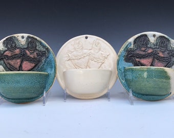 Hand Crafted Pottery Cream Blue Green Holy Water Font: Hand Carved Sacred Heart Immaculate Heart