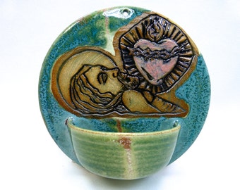 Handcrafted Ceramic One Of A Kind Holy Water Font: Corpus of Christ and Red Sacred Heart of Jesus