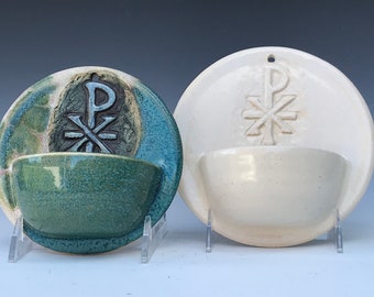 Hand Crafted Ceramics Green Blue Holy Water Font: Chi Rho