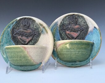 Hand Crafted Ceramics Green Blue Holy Water Font: Sacred Heart of Jesus