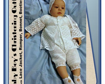 Baby Boy Christening Outfit Crochet Pattern with Lace Jacket, Rompers, Bonnet, and Booties