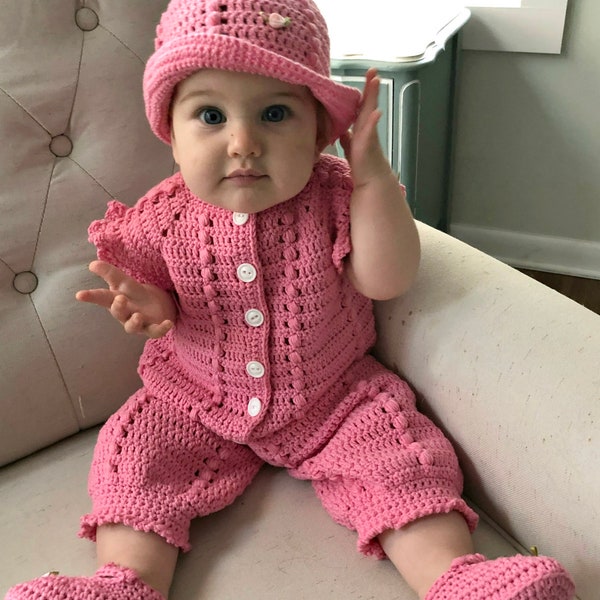 Baby Girl Mix and Match Outfit with Jumpsuit, Onesie, Cloche Hat in Two Styles, and Shoes Crochet Pattern 6-8 Months