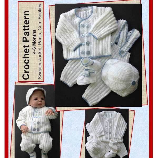 Baby Boy Christening Outfit Crochet Pattern 4-6 Months with Sweater Jacket, Suspendered Pants, Cap, and Booties
