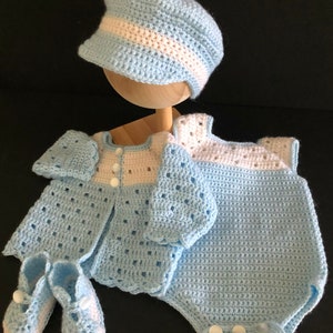 Newborn-3Months Baby Boy Outfit with Sweater Jacket, Romper, Dutch Boy Cap, Shoes Crochet Pattern