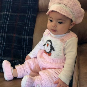 Girl or Boy Bubble Overalls Outfit Crochet Pattern with Overalls, Cropped Jacket, Dutch Boy Hat, Shoes and Appliques for Fall and Winter
