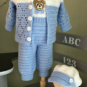 Boy Christening or Everyday Outfit Crochet Pattern, 4-6 Months with Jacket, Overalls, Newsboy Hat, Booties