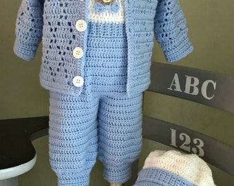 Boy Christening or Everyday Outfit Crochet Pattern, 4-6 Months with Jacket, Overalls, Newsboy Hat, Booties