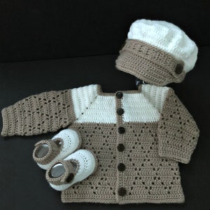 Baby Boy Outfit with Sweater Jacket, Cap, and Booties Crochet Pattern 4-6 Months